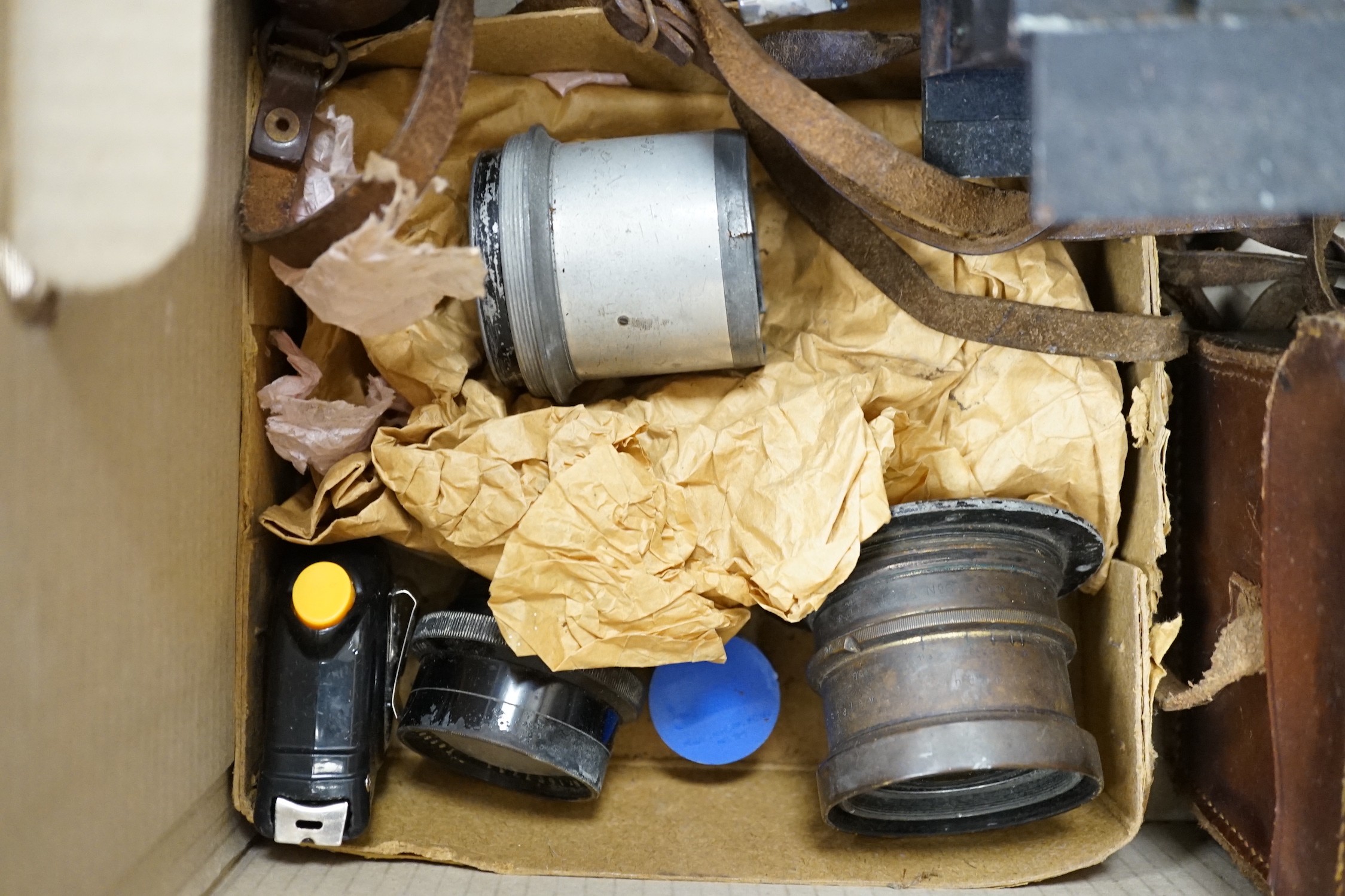An Ensign Popular large format reflex camera, two cine cameras, projector, lenses etc.